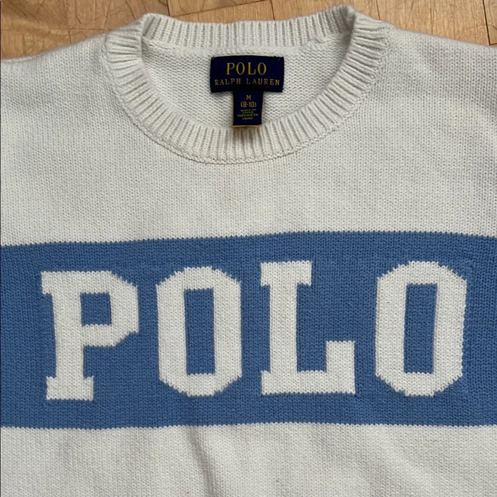 🏇M (8-10) Unisex White & Blue Logo Sweater by Polo by Ralph Lauren / Blue Label